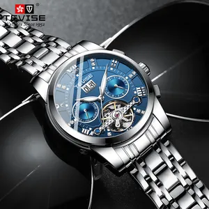 TEVISE Men Automatic Self-Wind Watch Stainless Steel Bracelet Mechanical Moon Phase Tourbillon Fashion Wristwatch 9005A-F