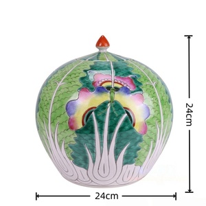 Pot en céramique émaillé peint à la main avec couvercle, motif <span class=keywords><strong>chou</strong></span> bok choy, H24cm D24cm 1300 ℃   Décoration de cuisine et rangement de style Chinoiserie rustique, cuite à haute température - Product Image 3