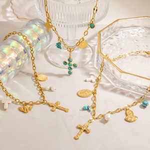 High-End Stainless Steel Princess Cut 18K Gold <b>Cross</b> Necklace with Pearl Trendy Link <b>Chain</b> for Women's Parties - Product Image 1