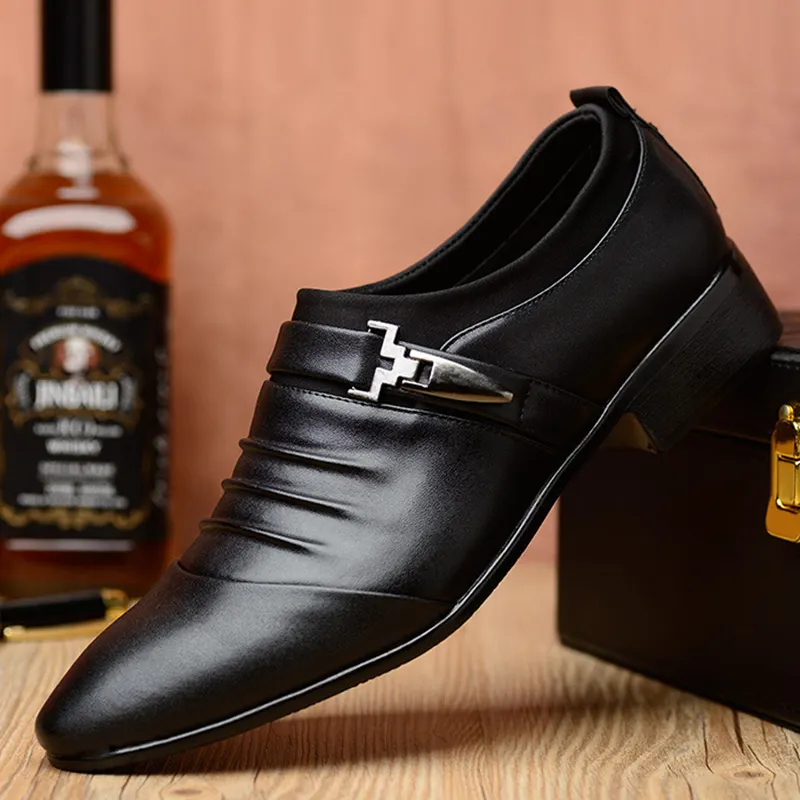 New British Men's Slip On Split Leather Pointed Toe Men Dress Shoes Business Wedding Oxfords Formal Shoes For Male 38-48