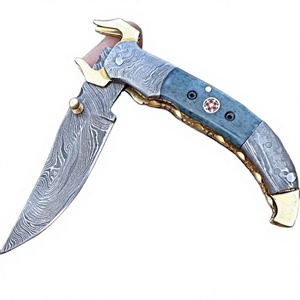 Handcrafted Damascus Steel Pocket <b>Knife</b> Drop Point Blade <b>Bone</b> <b>Handle</b> Straight Edge Thumb Knob OBM Customized Industrial Grade - Product Image 1