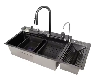 Lavello da <span class=keywords><strong>Cucina</strong></span> Multifunzione in Acciaio Inox 304 da 100cm con Display LED Digitale, Vasca Singola e <span class=keywords><strong>Due</strong></span> Fori, Stile Cascata - Product Image 3