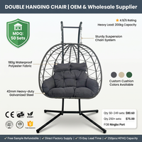 Fauteuil suspendu double en rotin tressé avec support et coussin, chaise longue balançoire pour jardin, terrasse et balcon