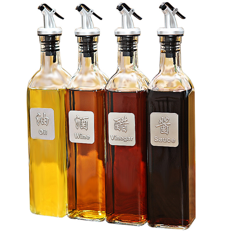 Square tall 16 oz oil vinegar cruet glass olive oil bottles with pour spout