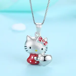 Kalung Liontin Enamel untuk Anak Perempuan, Kalung Liontin Ratu Hello Kitty 3D Warna Perak Murni 925 Polos, Hadiah Perhiasan untuk Anak Perempuan