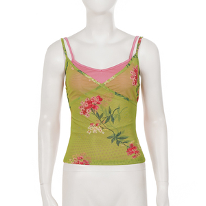 Retro Pure Style Sheer Floral Print Color Block Camisole for Women Vacation Style Pink Green Two in <b>One</b> Layered Tank <b>Top</b> - Product Image 6