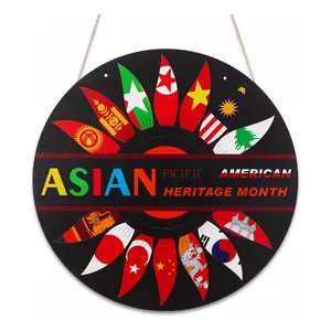 Asian American and Pacific Islander Heritage Month Wooden Door Sign Round Front Door Porch Wreaths Rope Wall Hanging Decor