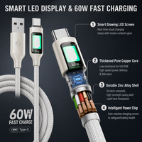 Kabel USB ke Type-C dengan Layar LED, Pengisian Cepat 60W, Sinkronisasi Data, dan Tampilan Daya Digital untuk Ponsel Android
