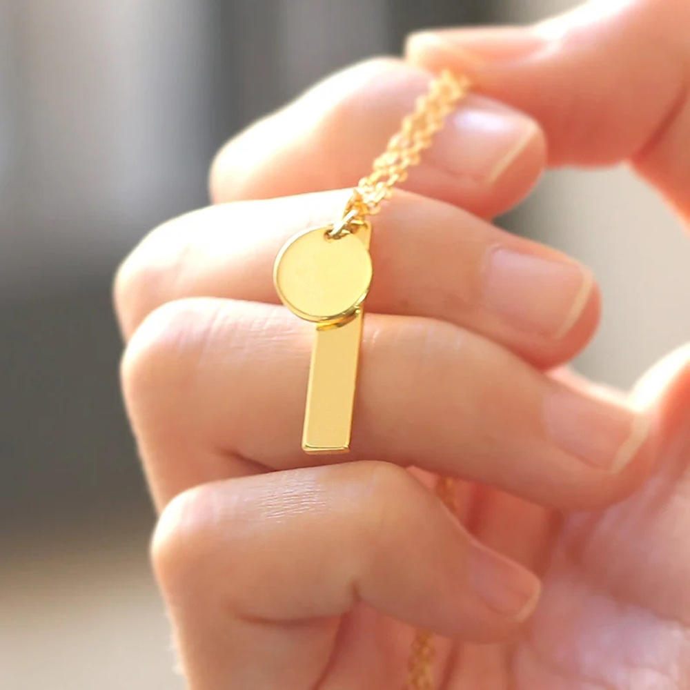 18K Gold Plated Stainless Steel Custom Engraving Name Disk Long Bar Blanks Nameplate Pendant Jewelry Necklace