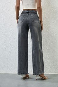 <span class=keywords><strong>Jean</strong></span> droit <span class=keywords><strong>gris</strong></span> clair en denim pour femme/maman, taille haute très extensible, motif uni, coupe ample - Product Image 4