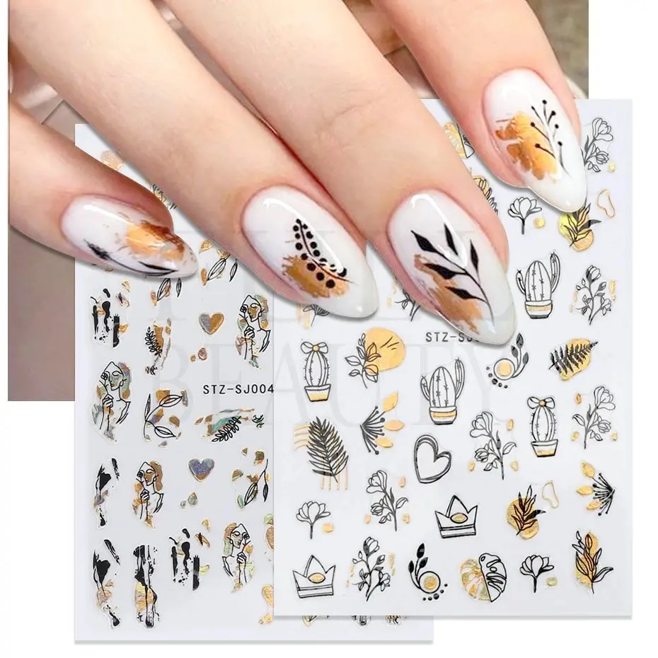 2022 Summer Nail Decals Stickers Self-Adhesive Tips DIY French 3D Nail Art Design Stencil with Gold Stamping Plant Styles