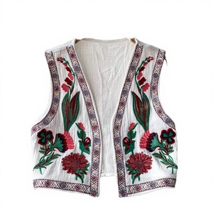 Gilet sans manches pour femme en polyester/coton brodé à la main motif floral, coupe courte ouverte sur le devant, style vintage décontracté, vêtement d'extérieur à superposer - Product Image 2
