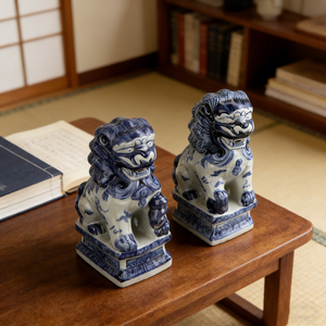 Décoration de salon en céramique écologique faite à la main, style Art déco, motif de lions de temple, porcelaine bleue et blanche - Product Image 5