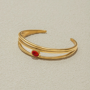 Three Layer Gold <b>Bracelet</b> With <b>Red</b> Stone Bezel Setting Unisex Jewelry Gift - Product Image 2