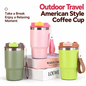 Portable 304 <b>Stainless</b> <b>Steel</b> Travel Coffee Tumbler Dual Drinking Lid Vacuum Insulated Car <b>Cup</b> with Strap - Product Image 3
