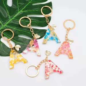 Resin Crafts Key Chain Handmade Flower Resin Flower Letter Keychain Gold Foil Glue Initial 26 English Word Pendant Ornaments