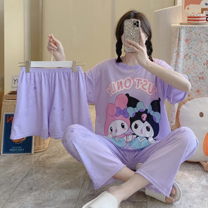 Pijamas de verano para mujer, conjunto de 3 piezas de pantalones cortos y manga corta, ropa de casa informal con dibujos animados, pijama coreano, conjunto de dormir fresco y suave de seda de leche. - Product Image 4