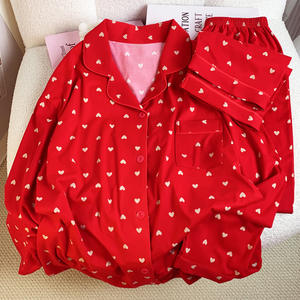 Conjunto de Pijama Casual para Mujer 2026, Manga Larga, Tipo Algodón, Color Rojo, Estampado de Corazones Pequeños, Cuello Camisero - Product Image 2
