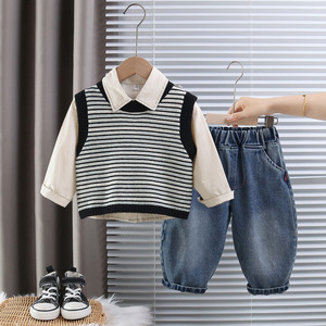 Tenue d'automne 3 pièces pour bébé garçon, <span class=keywords><strong>gilet</strong></span> en tricot rayé, chemise à manches longues, pantalon en jean - Product Image 3