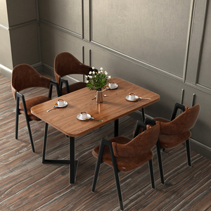 Ensemble table et chaises de salle à manger vintage en bois massif avec structure en fer, forme rectangulaire, 4 chaises pour café ou restaurant - Product Image 3