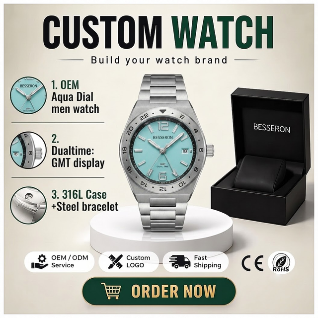 Wholesale Custom Logo Men's Quartz Watches GMT Function Dual Time Zone 316 Stainless Steel 5ATM Waterproof Watch
