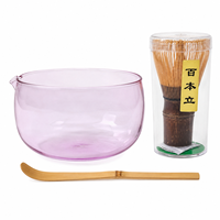 Ensemble Matcha en Verre Violet Clair avec Logo Personnalisé, Bol Transparent avec Bec Verseur, Fouet en Bambou et Cuillère pour la Préparation du Matcha