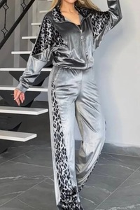 New Leopard Print Color-Block Long-Sleeve Top and <b>Pants</b> Homewear Casual 2-Piece Set Fashion - Product Image 1