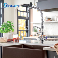 Robinet de cuisine en acier inoxydable à col long, design moderne à double poignée, finition brossée, type pulvérisateur extractible, thermostatique, commercial