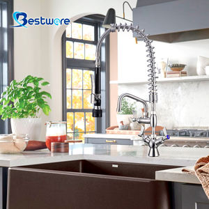 Grifo de cocina de cuello largo de acero inoxidable con marca de agua Diseño clásico de un solo mango Acabado cepillado Tipo de rociador lateral para uso comercial - Product Image 2