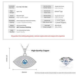Collier pendentif Hip Hop œil porte-bonheur entièrement serti de zircone cubique bleue, en cuivre pur plaqué or 14 carats, vente en gros pour femmes - Product Image 2