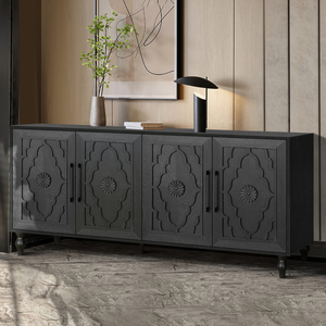Carved Flower Door Large Storage Cabinet With Metal Handle For Living Room <b>Kitchen</b> Entryway <b>Black</b> - Product Image 4