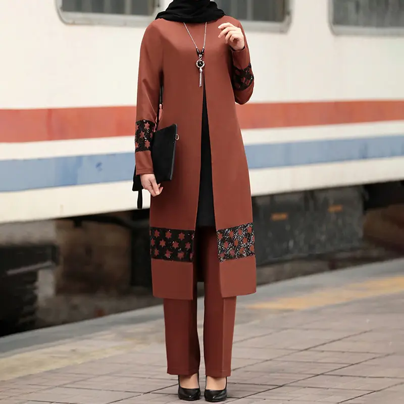 2022 Wholesale Beautiful Egyptian Turkey Muslim Modesty Modest Women 2 Piece Dress Two Piece Pants Set Female Muslim Clothing