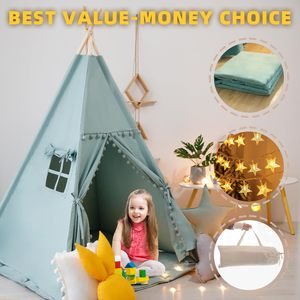 Tente de jeu pliable pour enfants, en toile de coton, avec bordure à pompons, pour l'intérieur - Product Image 4