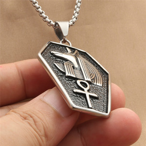 Men's Stainless Steel Hexagon Pendant Necklace With Dog <b>Head</b> And Ankh Symbol Punk Retro <b>Style</b> - Product Image 3