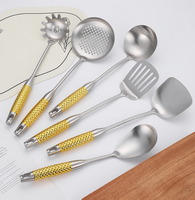 Ensemble de 10 ustensiles de cuisine en acier inoxydable finition or avec poignées en bois longues, compatibles lave-vaisselle, outils de cuisson
