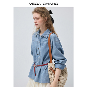 VEGA CHANG Camicia in denim casual da weekend, stile retrò, con maniche arrotolabili, vestibilità rilassata e oversize, in lyocell lavato, versatile per la primavera, con gonna abbinata - Product Image 3