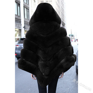 Poncho in Finta Pelliccia <span class=keywords><strong>di</strong></span> Volpe per Donna, Mantella Oversize con <span class=keywords><strong>Apertura</strong></span> Frontale, Patchwork, Scialle Avvolgente con Cappuccio - Product Image 2