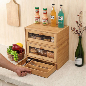 Boîte à pain en bambou double couche avec fenêtre transparente et plateau à couverts pour rangement de cuisine 39x24.5x33cm - Product Image 1