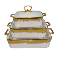 Plat à four carré en céramique et porcelaine blanche dorée, double poignée, réutilisable, avec cadre en fer, style moderne et minimaliste, compatible micro-ondes, ensemble