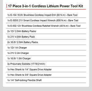 Kit combiné d'outils électriques sans fil 17 pièces, clé à chocs sans balais 850 N.m, perceuse 60 N.m, clé à cliquet 40 N.m, 21 V avec chargeur - Product Image 4