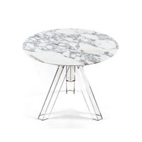 Table extensible en marbre Arabesque Ometto avec plateau en verre et base en polycarbonate transparente, diamètre 90 cm, modèle TMR006