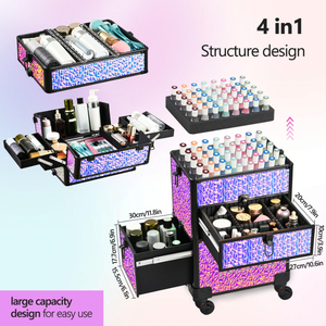 <b>Professional</b> Double Aluminum <b>Makeup</b> Train <b>Case</b> Rolling Cosmetic Trolley with Tray Black Storage Organizer for Travel Salon - Product Image 5