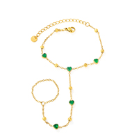 Bracelet et bague ajustables en acier inoxydable plaqué or avec cœur vert pour femme - Vente en gros