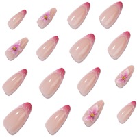 Set Kuku Palsu 3D Floral Press On dengan Ujung Prancis Bergelombang, Motif Marmer Pink Gold, Nude Almond, Dapat Digunakan Kembali, Buatan Tangan, 4367