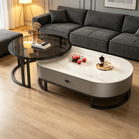 Table basse ovale moderne de luxe léger, plateau en pierre frittée avec tiroirs de rangement pour salon