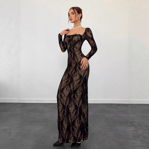 Elegante Abito Lungo in Pizzo <span class=keywords><strong>con</strong></span> Vita Alta, Colletto Quadrato, Maniche Patchwork e Spacchi Laterali per Donna, Stile da Lavoro - Product Image 3