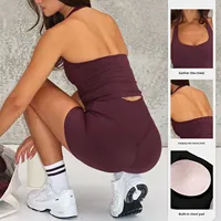 Set Yoga Bra Halter Solid Gaya Baru Wanita, Celana Pendek Olahraga Fitness V-neck Pinggang Tinggi Bahan Spandex/Nylon Cepat Kering Dua Potong