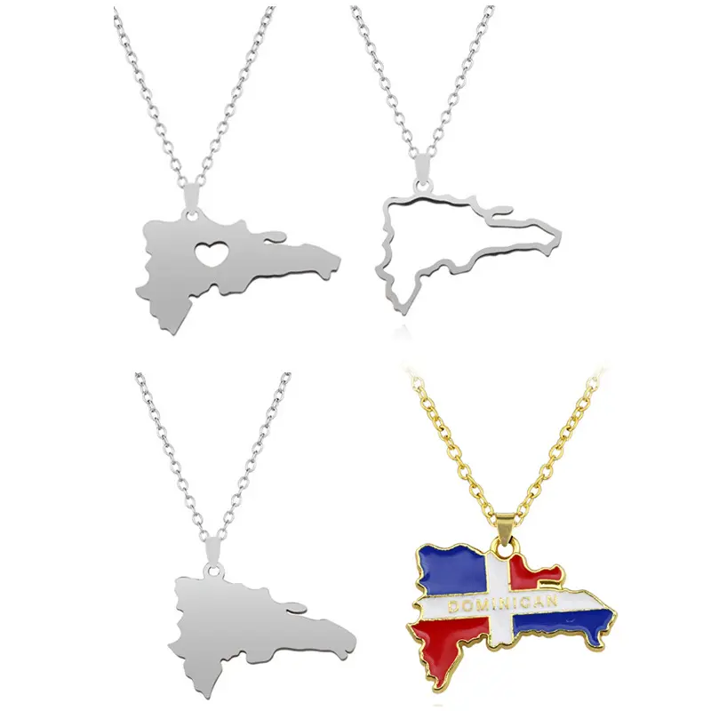 Simple Hollow Out Choker Stainless Steel Jewelry Country Dominicans Map Chain Necklace