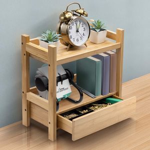 Bamboo Two Layer Storage Rack With <b>Drawer</b> Desktop Organizer For Desk Neatening And Multi Purpose Use - Product Image 1