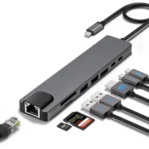 محطة منافذ متعددة 8 في 1 نوع C عالية الجودة مع وصلة HDMI USB3.0 RJ45 SDTF USB-C PD محول شحن 8 منافذ USB C رؤوس
